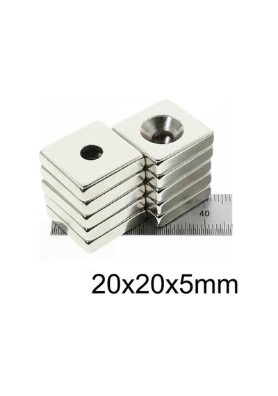 5 Adet, Köşeli, Neodyum Mıknatıs, 20x20x5 Mm, D:10/5 Mm, Havşa Delikli, Güçlü Magnet, N35 Kalite