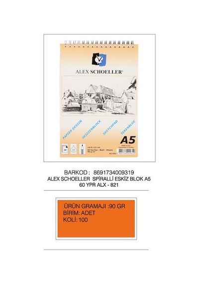 Alex Schoeller Eskiz Blok Spiralli Dikey 60 Yp 90 Gr A5 Alx-821