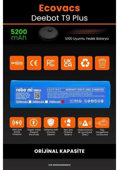 Ecovacs Deebot T9 Plus Uyumlu 5200mah Robot Süpürge Bataryası -  Kapasite