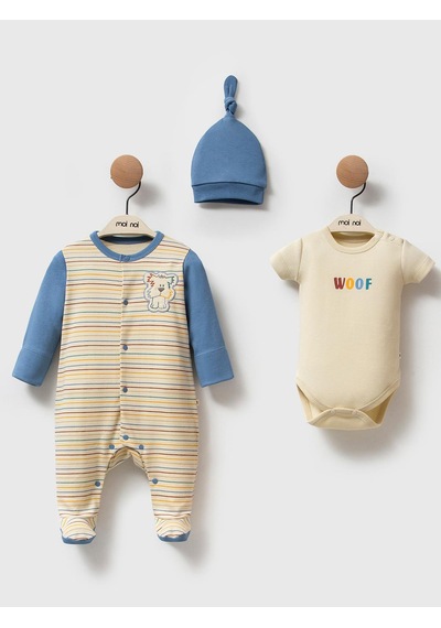 Moi Noi Baby Moi Noi 3lü Şapkalı Baskılı Tulum - Bej