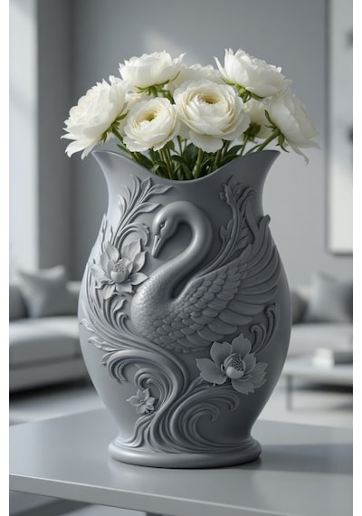 Kuğu Desenli Dekoratif Vazo 15 Cm 3d Baskılı Mat Dokulu Şık Masa Ve Raf Dekoru Gri