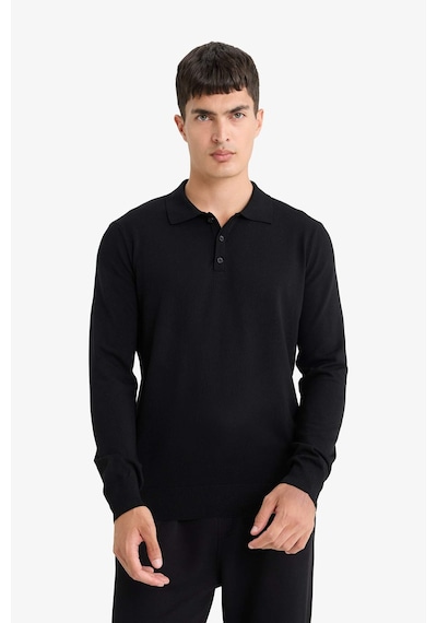 Defacto Standart Fit Polo Yaka Premium Düğmeli Triko Kazak D0454AX24AU Siyah