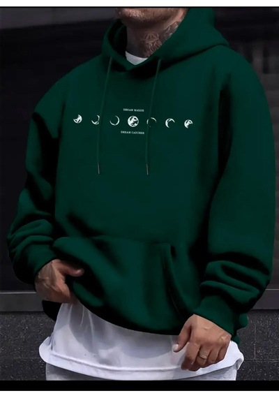 Medinenur Ayın Evreleri Baskılı Kapüşonlu Sweatshirt Yeşil