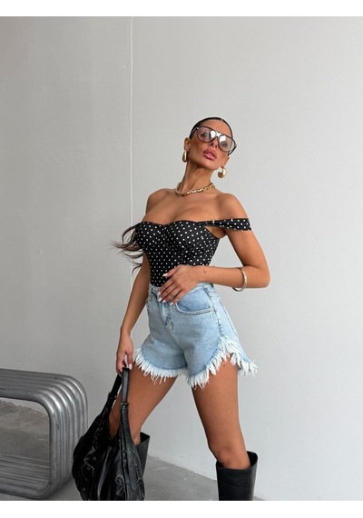 HerTon Kadın Yüksek Bel Püsküllü Jean Şort - Yanları Kavisli Yırtık Detaylı Denim Şort