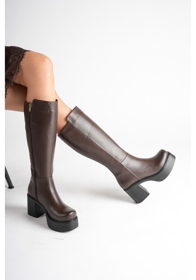Analin Shoes Kadın Hakiki Deri Kalın Tabanlı Topuklu Çizme Kahve