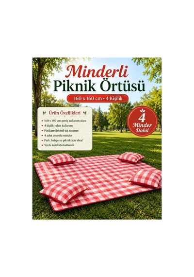Kırmızı Potikare Piknik Seti 4 Kişilik Minderli Piknik Ortüsü 160x160 Minderleri 40x40 Kırmızı