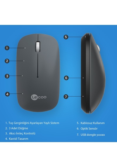 Lecoo Ws214 Kablosuz 1200dpı 3 Tuşlu Optik Mouse Gri Ws214