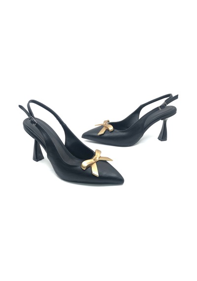 Feles Kurdela Toka Detaylı Arkası Açık Stiletto Kadın Topuklu Ayakkabı Siyah
