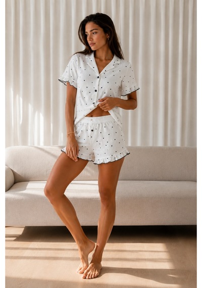 Kadın Düz Pamuk Homewear Beyaz Pijama Takımı