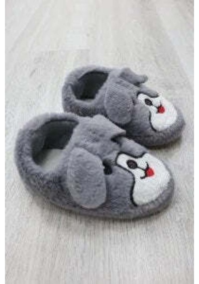 Modafocus Çocuk Köpekli Peluş Panduf - Gri Gri