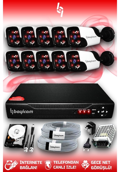 Bayicam 10 Kameralı Panda 10 Dış Kamera Set 320 GB HDD Full HD Gece Görüşlü Güvenlik Kamerası Sistemi
