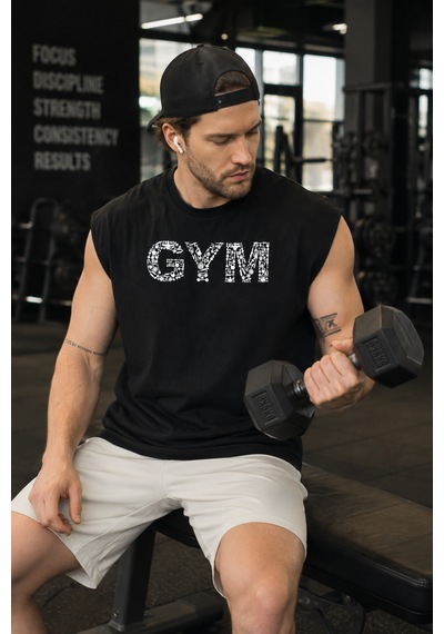 Urbantrendstore Baskılı Sporcu Atleti Gym Tişört %100 Pamuklu T-shirt Açık Siyah