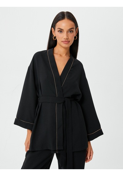 Koton Kimono Kuşaklı Işıltılı Şerit Detaylı Siyah 4wak50160uw Siyah