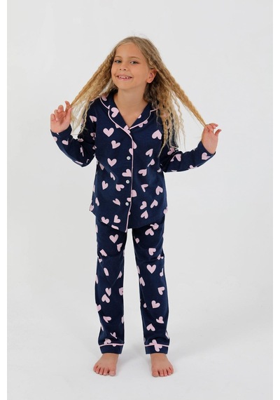 Kız Çocuk Uzun Kollu %100 Pamuklu Düğmeli Pijama Takımı Heartie Indigo