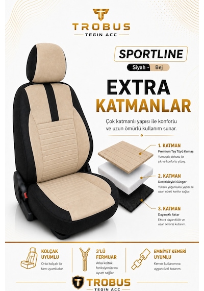 Fiat Doblo 2010-2024 Uyumlu Sportline Serisi Bej Siyah Oto Koltuk Kılıfı