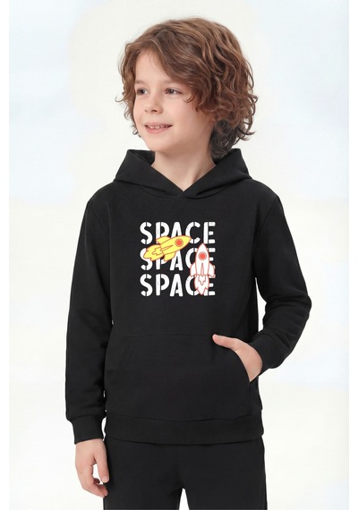 Fyk Kids Kanguru Cepli Kapüşonlu Baskı Detaylı Erkek Çocuk Sweatshirt Siyah