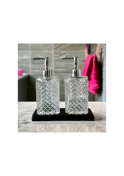 Siyah Standlı 2 Li Cam 500 Ml Gri Başlıklı Sıvı Sabun Bulaşık Deterjan Şişesi Sabunluk Set Şeffaf 632345543 Şeffaf