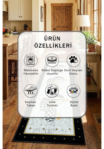 Yıkanabilir Mutfak Halısı 3 Siyah - Gold