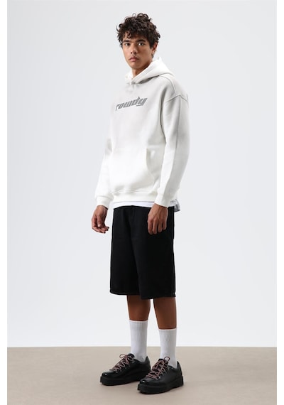 Vamos Oversize Baskılı Yıkamalı Hoodie Ekru