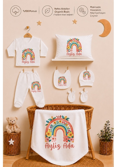 Pia Baby Kız Bebek Hastane Çıkışı 11 Parça %100 Pamuk Kişiye Özel İsimli Organik Baskılı Set 1023110x Ekru