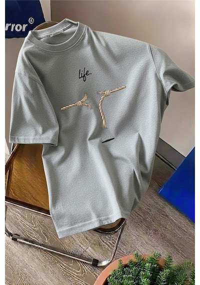 Life Design Minimalist İllüstrasyon Baskılı Unisex Oversize Tişört Gri