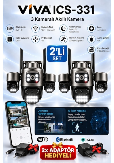 Ics-331 2'li Set 3 Kameralı Akıllı Dış Mekan Ptz Wifi Güvenlik Kamerası 3mp Icsee Aı İnsan Takip Çift Yönlü Ses