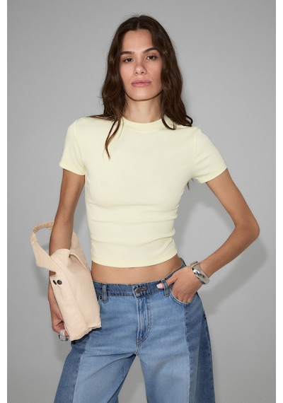 Grımelange Hopewell Kadın Yuvarlak Yaka Örme Slim Fit Açık Sarı T-shirt
