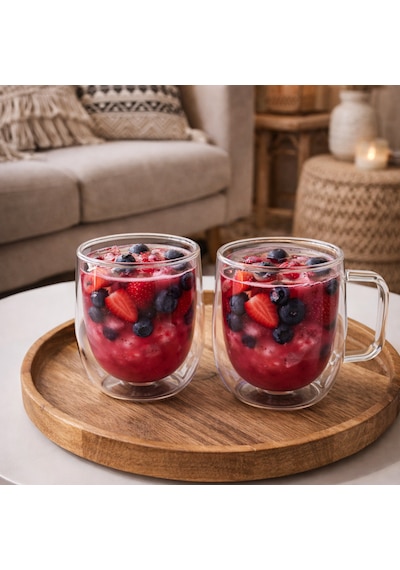 Porsima Pbt-323 Çift Cidarlı 2li Cam Kupa Çay Kahve Kupası Isı Yalıtımlı Kulplu Cam Bardak Seti 250 Ml Cam - Şeffaf
