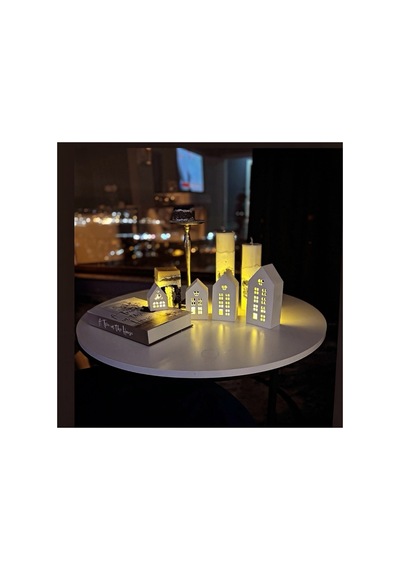 3 Lü Kış Evi 3 Adet Pilli Tealight Mumluk Dahil 21cm-19cm-16 Cm