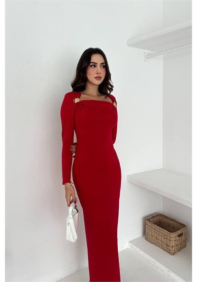 Neşeli Butik Kadın Drapeli Kayık Yaka Gold Aksesuarlı Elbise Nbk4386 Kırmızı