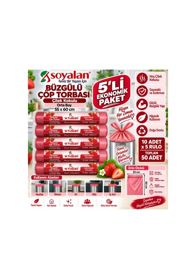 Büzgülü Çöp Torbası Çilek Kokulu Orta Boy 55x60 Cm 5 Rulo 50 Adet
