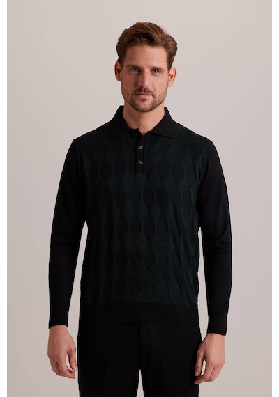 Erkek Polo Yaka Baklava Desenli Triko Yeşil