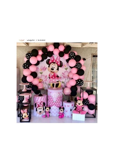 Pembe Siyah Pantiyeli Balon Minnie Mouse Konsept Balon Zincir Çok Renkli