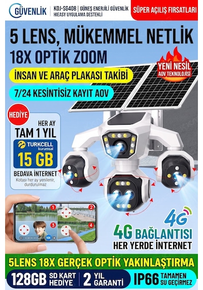 5 Kameralı 4g/e-sım Destekli 18x Zoom Ptz Güneş Enerjili Profesyonel Dış Mekân Güvenlik Kamerası