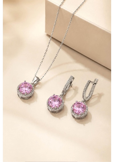 Gümüş Pazarım Pembe Zirkon Yuvarlak Kesim Gümüş Kolye Ve Küpe Kombini