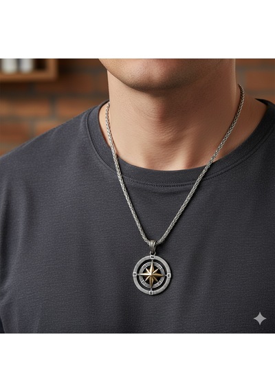 925 Ayar Gümüş Çift Taraflı Pusula Kolye Erkek Minimalist Compass Kolye Uzun Zincirli Şık Erkek Takı Hediye