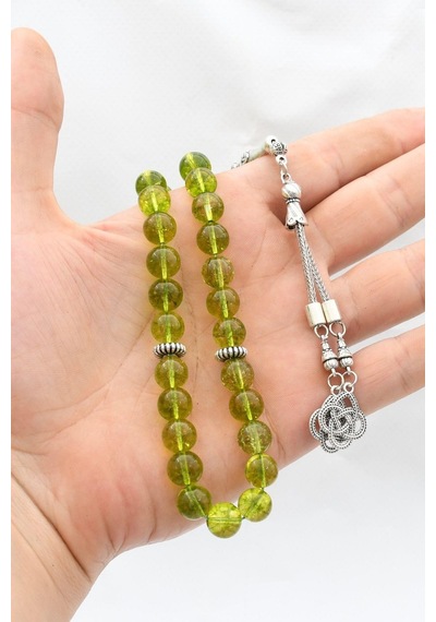 Doğal Peridot Taşlı 33'lük Tesbih Metal Püsküllü 10mm Küre Kesim 902256