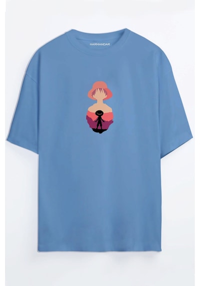 One Piece - Hasır Şapka - Luffy Anime Unisex Siyah - Beyaz Oversize T-shirt Mavi