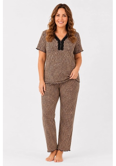 Pemilo Kadın 7933 Büyük Beden Kısa Kol Bambu Pijama Takımı LEOPAR