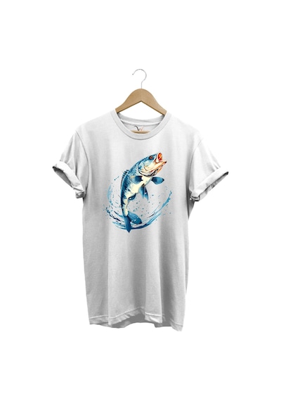 Balıkçılık Levrek Balığı Baskılı Renkli Tasarım %100 Pamuk Regular Fit Bisiklet Yaka Beyaz T-shirt Beyaz
