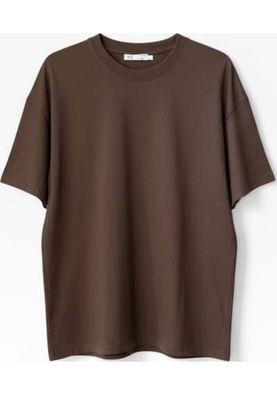 Feg Store %65 Pamuk Kadın Oversize Kahverengi Fit Bisiklet Yaka T-shirt