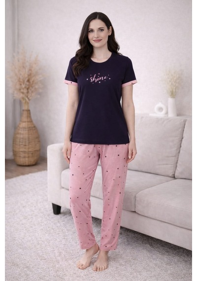 Pemilo Kadın 2004-18 Kısa Kol Likralı Bambu Pijama Takımı Siyah - Pudra