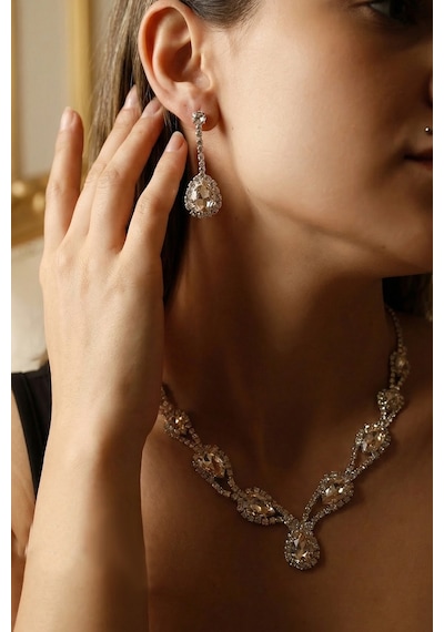 Accessories Hürrem Model Janjan Taşlı Kolye Küpe Takı Seti - Gelin Düğün Nişan Abiye Set Gümüş