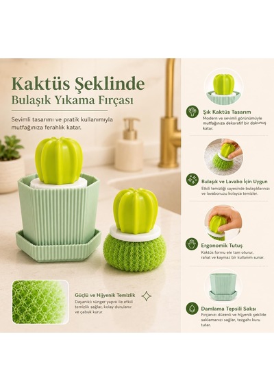 Kaktüs Tasarımlı Standlı Bulaşık Fırçası, Lavabo Tezgâh Ve Mutfak Temizleme Ovalama Fırçası, Yeşil, 1 Adet