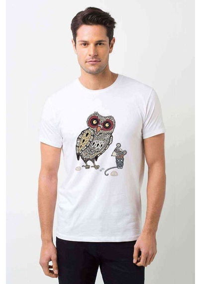 Baykuş Ve Fare Baskılı Beyaz Erkek Tshirt (530993815)