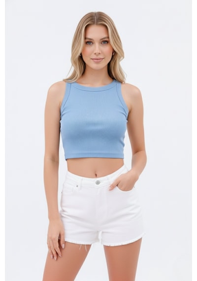 Zedefx Kadın Halter Yaka Pencere Detaylı Crop Bluz Mavi