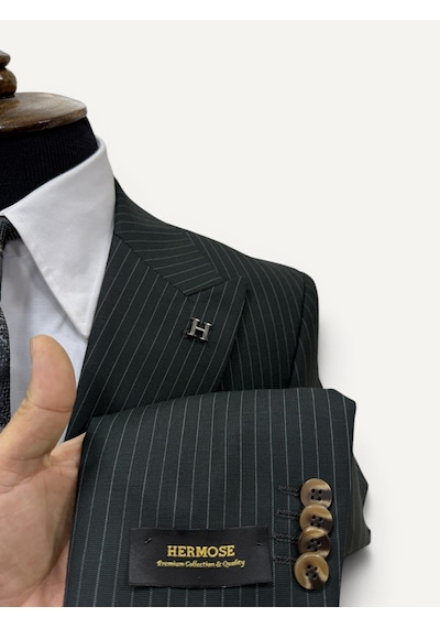 Hermose Sartorial Zümrüt Yeşili Çizgili Yelekli Takım Elbise Yeşil