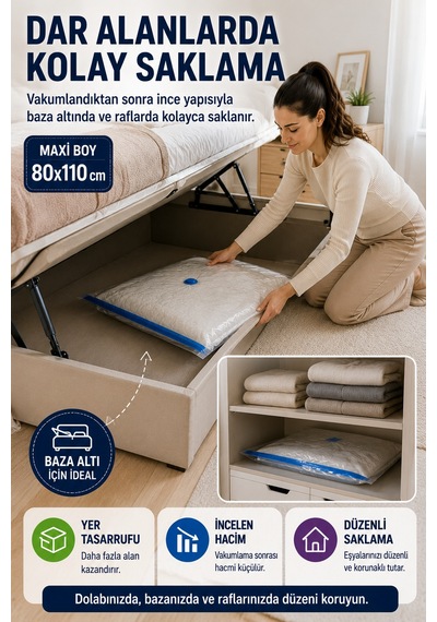 Maxi Boy Vakumlu Hurç 80x110 Cm 1 Adet Çift Kilitli Vakum Poşeti Yorgan Battaniye Saklama Çuvalı Şeffaf