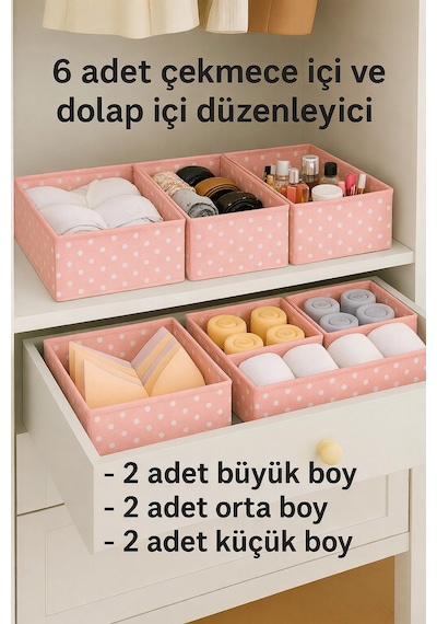 6'lı Pembe Desenli - Çekmece İçi Düzenleyici Organizer Set - Çok Amaçlı Dolap İçi Kutu Seti Kumaş 28 Diğer
