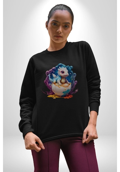 Sevimli Bebek Ejderha Elmas Yumurta Unisex Siyah Baskılı Sweatshirt Siyah